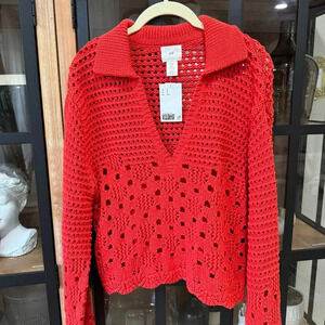 H&M sweater crochet pointelle knit cotton long sleeve top scalloped collar